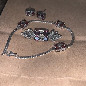 Garnet & Marcasite SET Bracelet/earrings/Brooch in silver